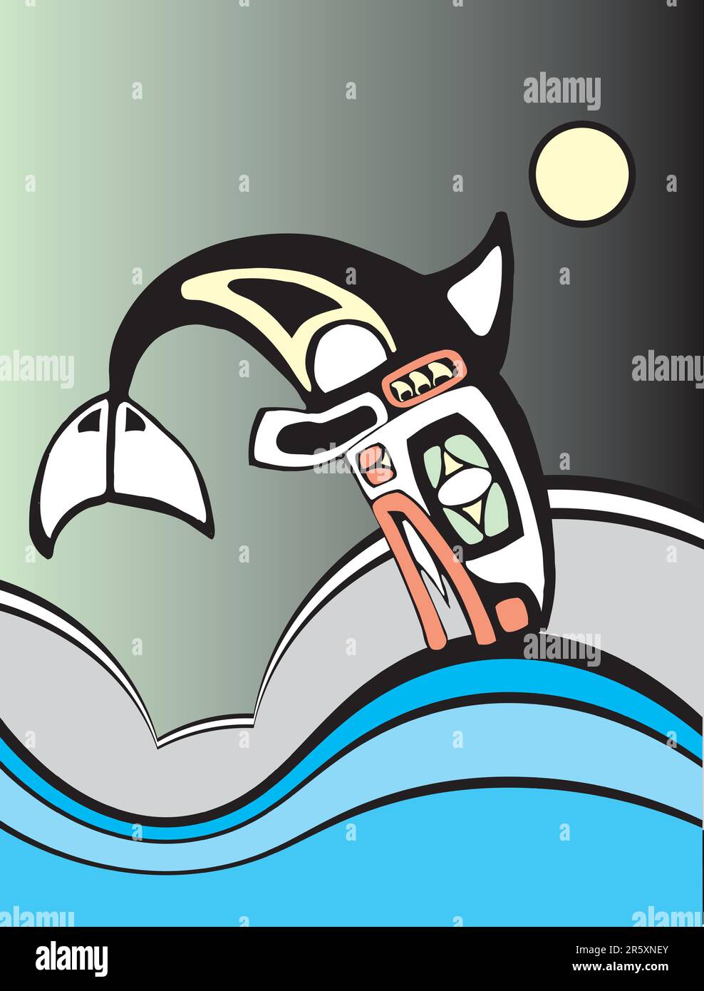 Orque plongée dans les vagues de l'océan dans le style de l'art tribal amérindien de la côte nord-ouest Illustration de Vecteur