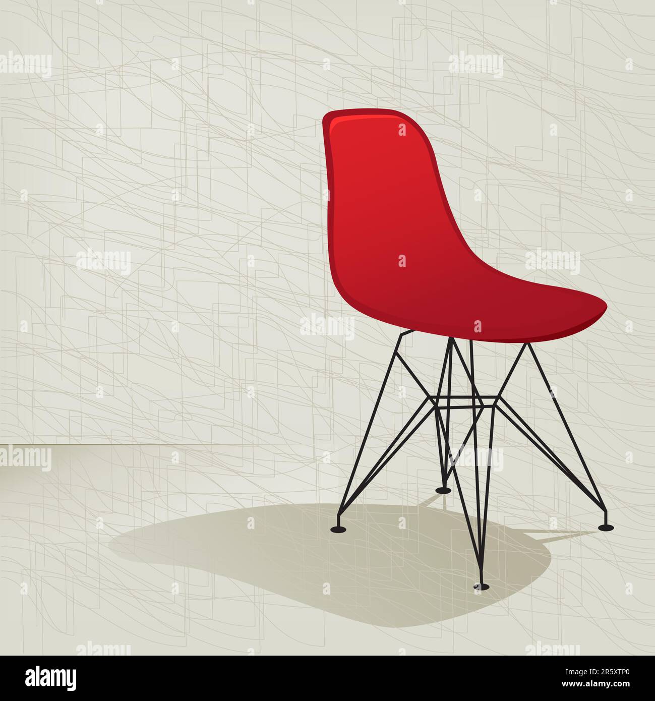 Chaise moderne de milieu de siècle, rouge rétro et chic, avec une texture d'arrière-plan moderne et subtile. Fichier vectoriel superposé facile à éditer. Plus comme ceci dans mon portefeuille. Illustration de Vecteur