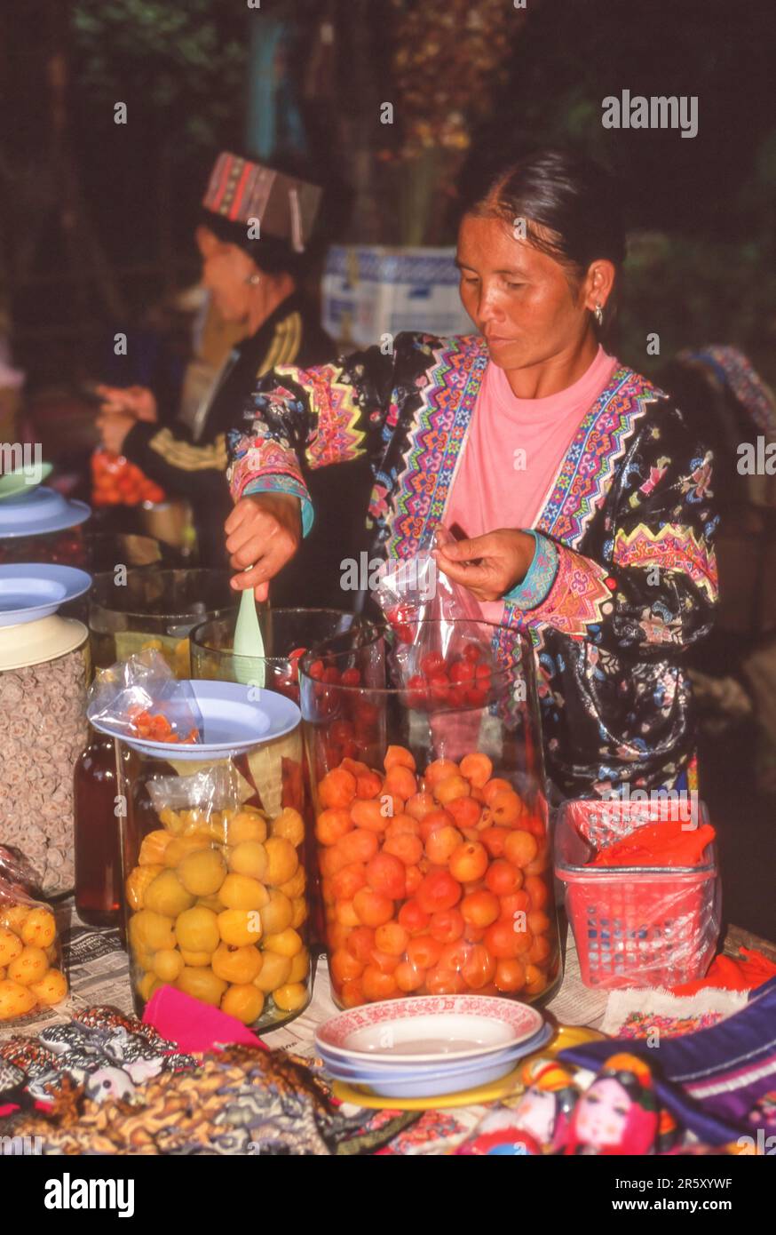 Une femme hmong au marché Hmong Hilltribe dans le parc national de Doi Inthanon, près de Chiang Mai en Thaïlande. Banque D'Images
