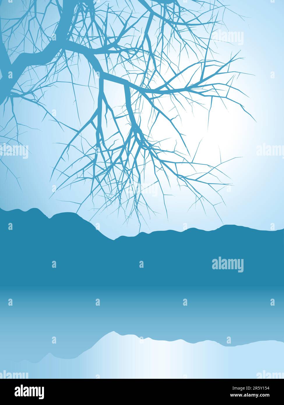 Paysage d'hiver avec montagnes réfléchis et branches d'arbres Illustration de Vecteur