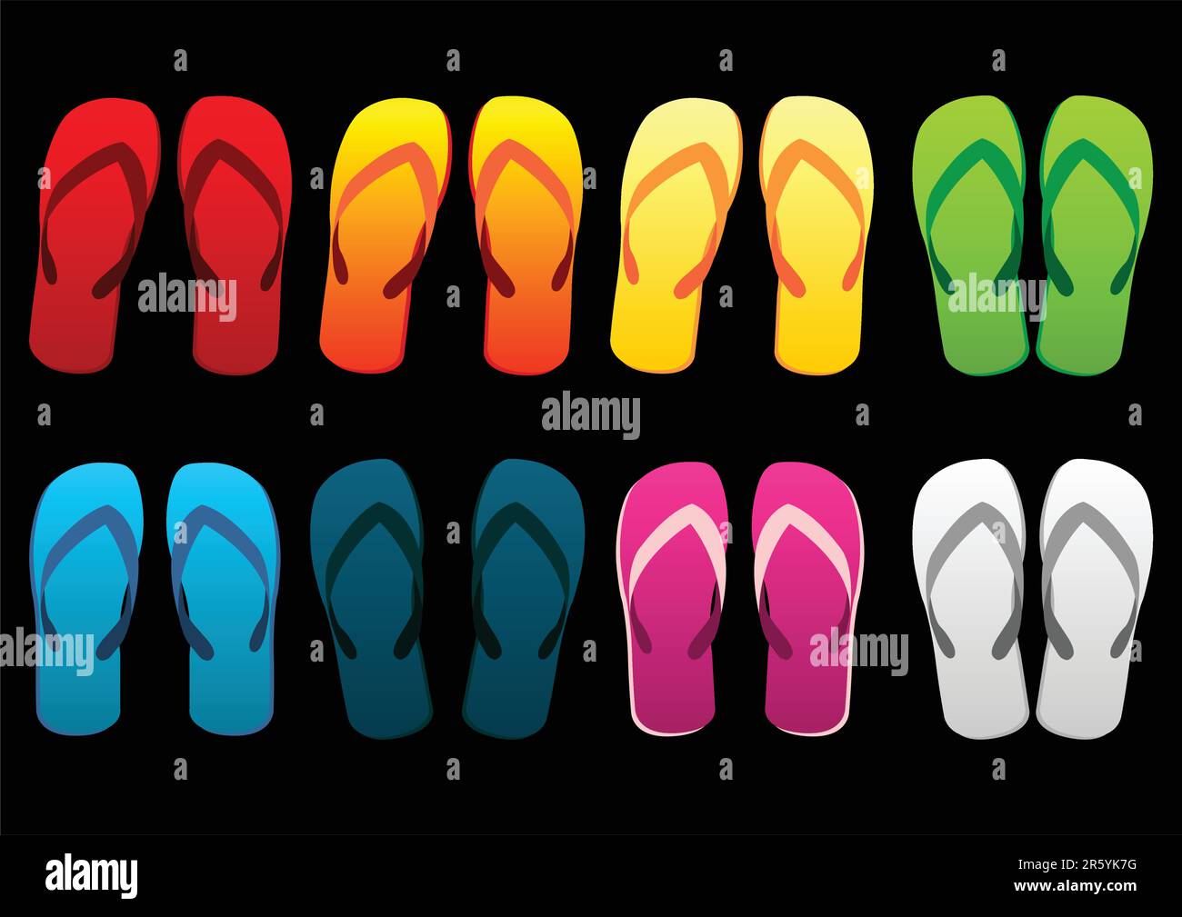 Ensemble de sandales de plage. Différentes tongs colorées sur fond noir Illustration de Vecteur