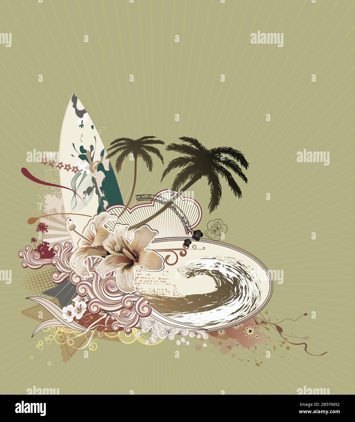 Illustration vectorielle de la composition de grunge avec planche de surf sur des poutres de soleil, grande vague, hibiscus, silhouette de palmiers et rayures rétro curly Illustration de Vecteur