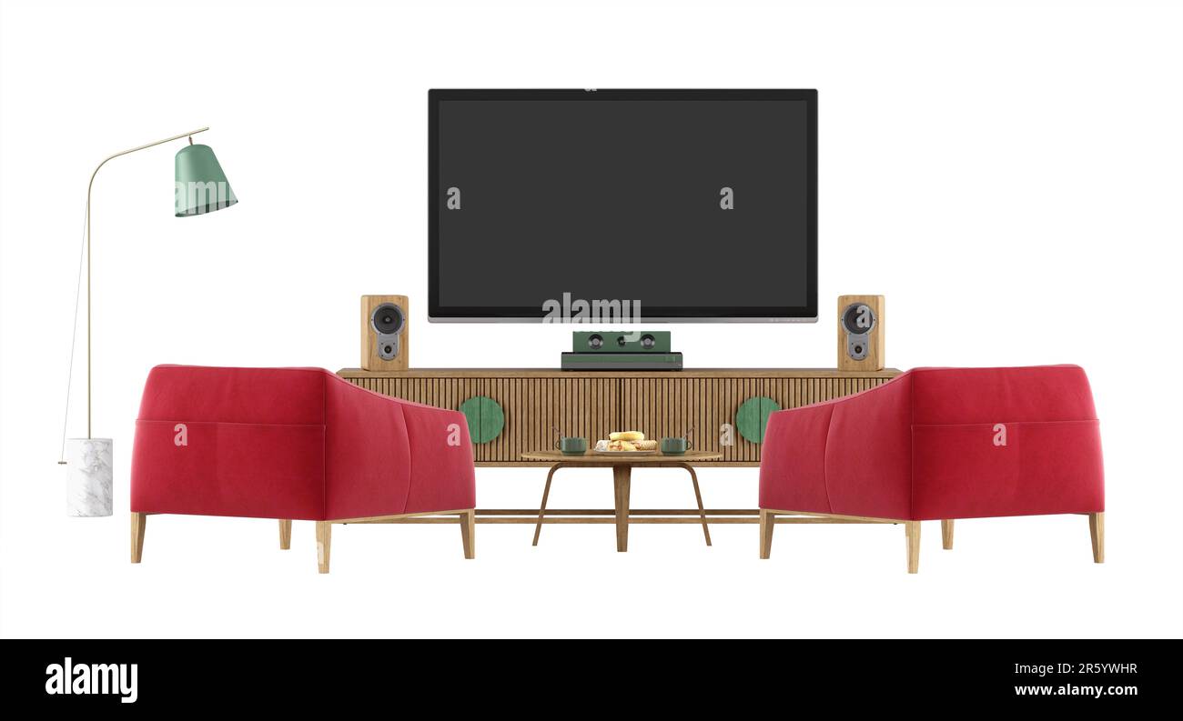 Téléviseur avec panneau latéral deux fauteuils rouges, taches isolées sur fond blanc - 3D rendu Banque D'Images