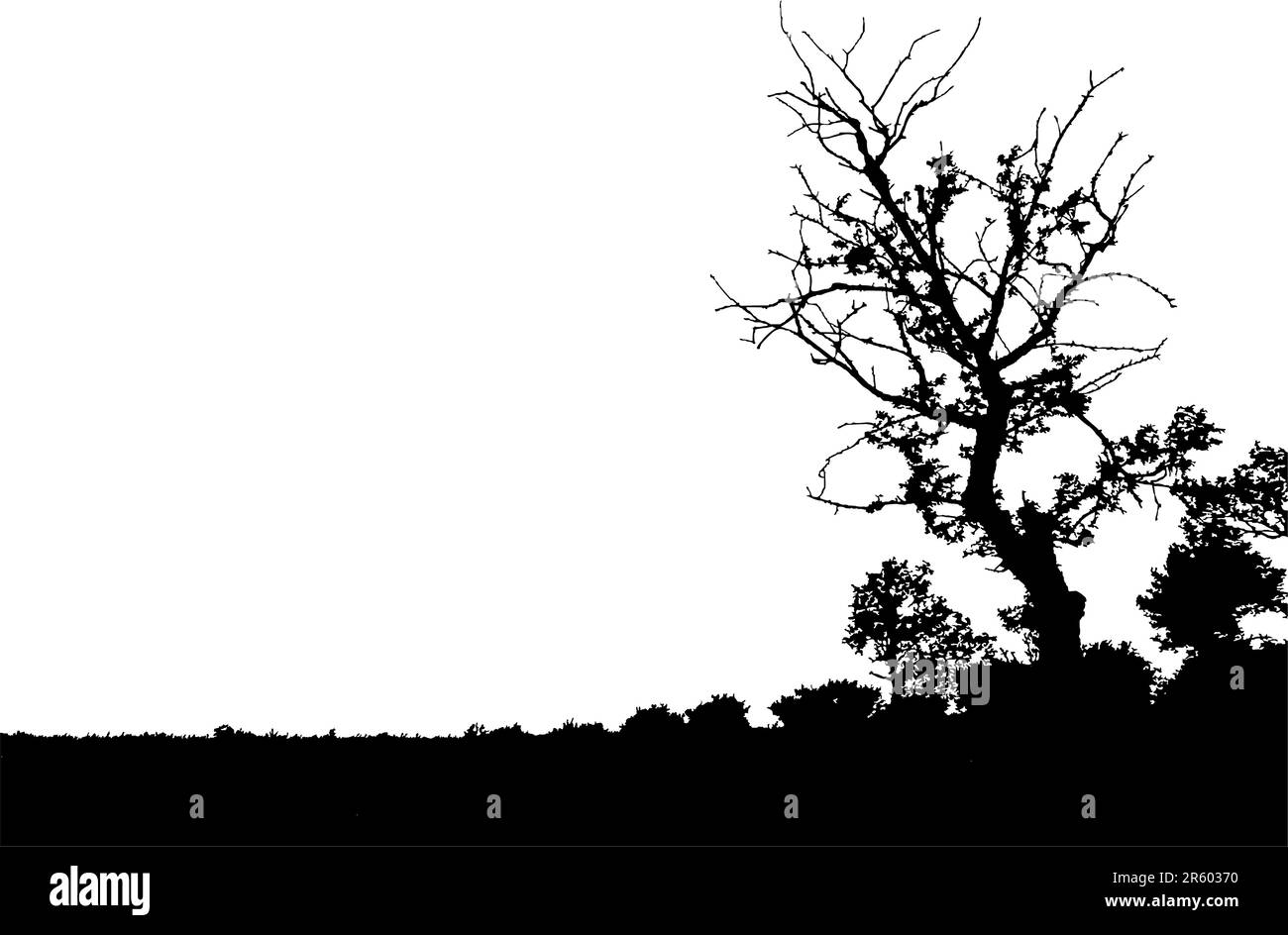 Silhouette noire de champ avec arbre , isolée. Illustration de Vecteur