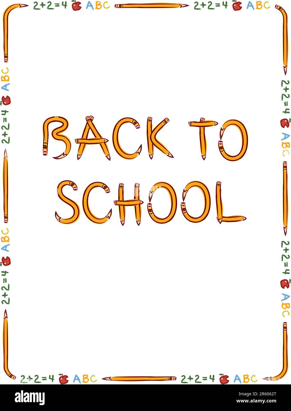 Crayon, pomme et bordure de texte pour un papier de 8,5 po x 11 po avec inscription « Back to School » en crayons Illustration de Vecteur