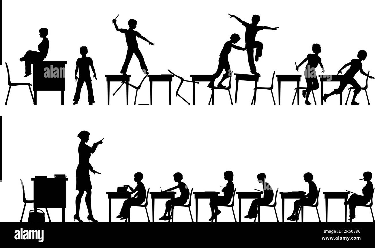 Silhouettes vecteur modifiable de deux scènes en classe avec tous les éléments en tant qu'objets séparés Illustration de Vecteur