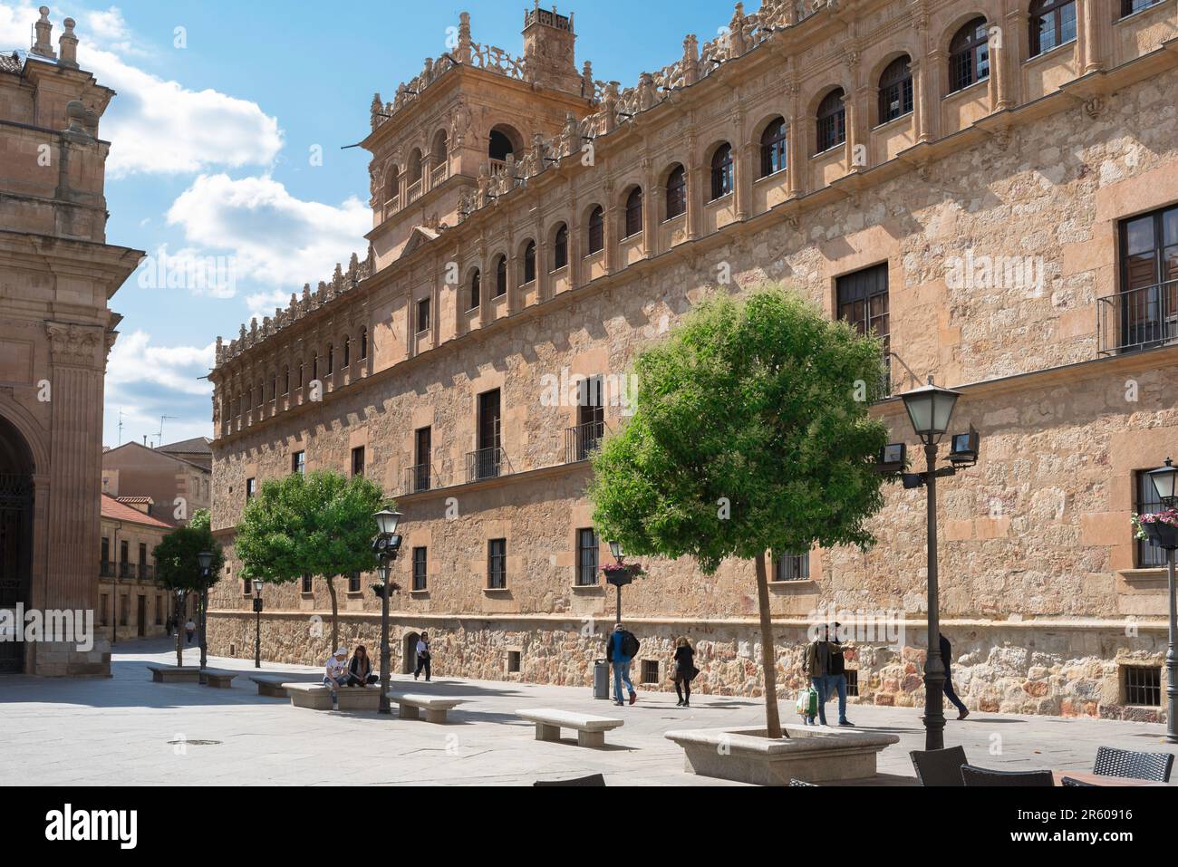 Quartier universitaire Salamanque, vue en été des gens marchant dans le quartier universitaire historique dans le centre de Salamanque, centre de l'Espagne. Banque D'Images