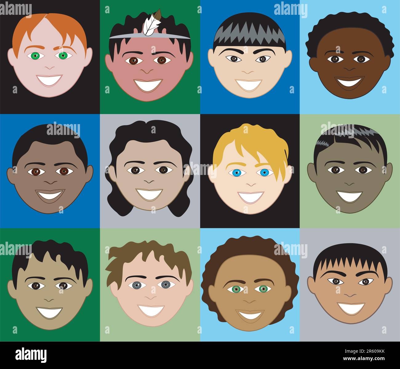 12 garçons visages 2 avec fond coloré ou Uni et avec des hommes, des femmes, des enfants et des filles. Illustration de Vecteur