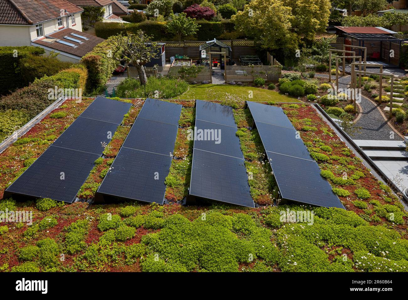 Panneaux solaires sur toit vert Banque D'Images