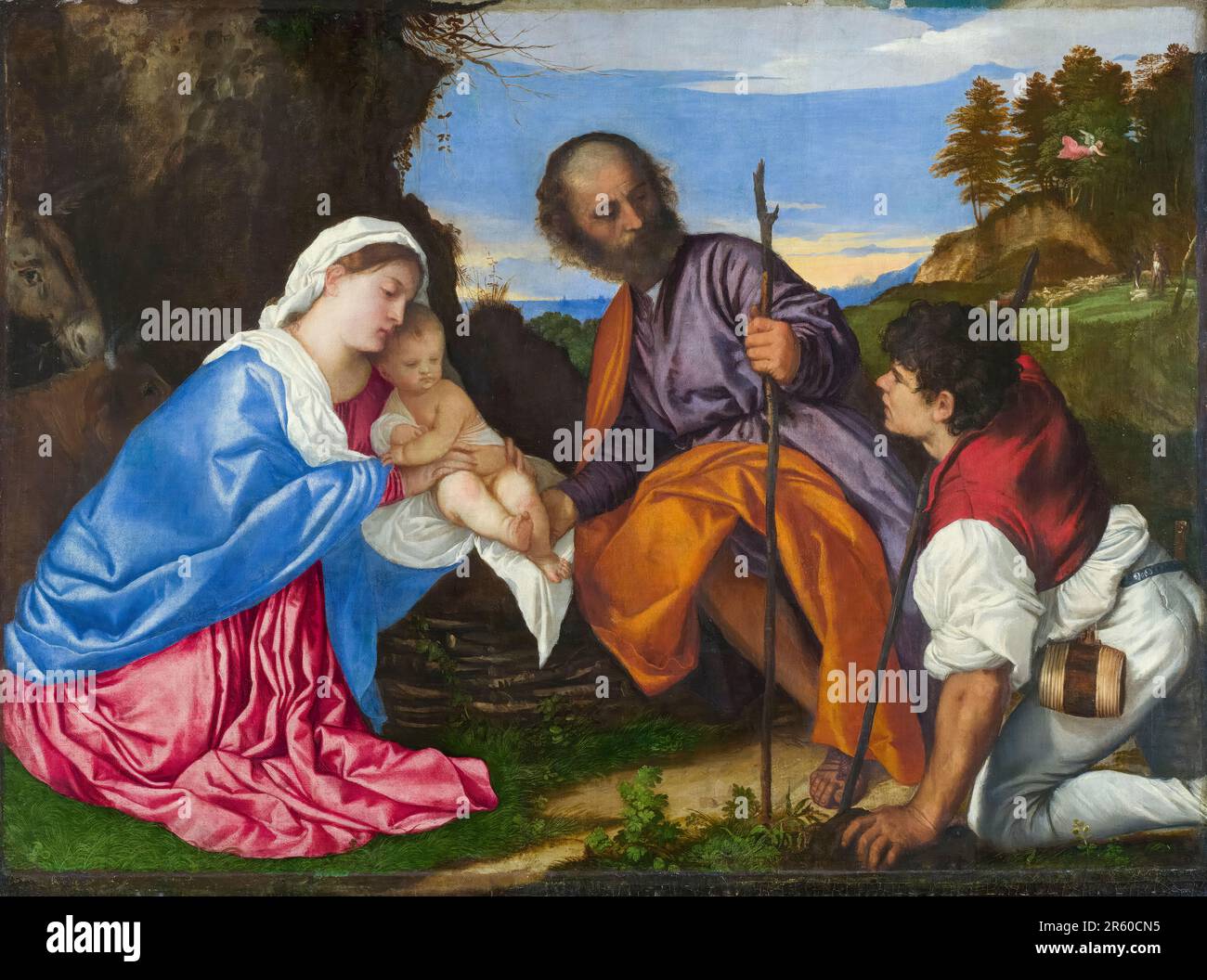 Titien, Tiziano Vecellio, la Sainte famille avec un berger, peinture à l'huile sur toile, vers 1510 Banque D'Images