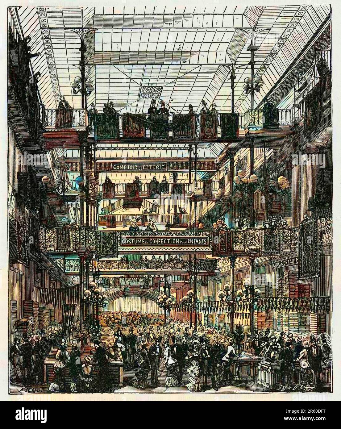 Avant-goût du magasin du Louvre, avant-goût de la cité commerciale, avant-goût des nouveaux déconditionnement et de l'équipement aux parisiens, en 1881. Gravure de Fichaud, pour illustrateur 'Paris à travers les siècles' par H.Gourdon de Genouillac, F.Roy éditeur, Paris, 1882. Banque D'Images
