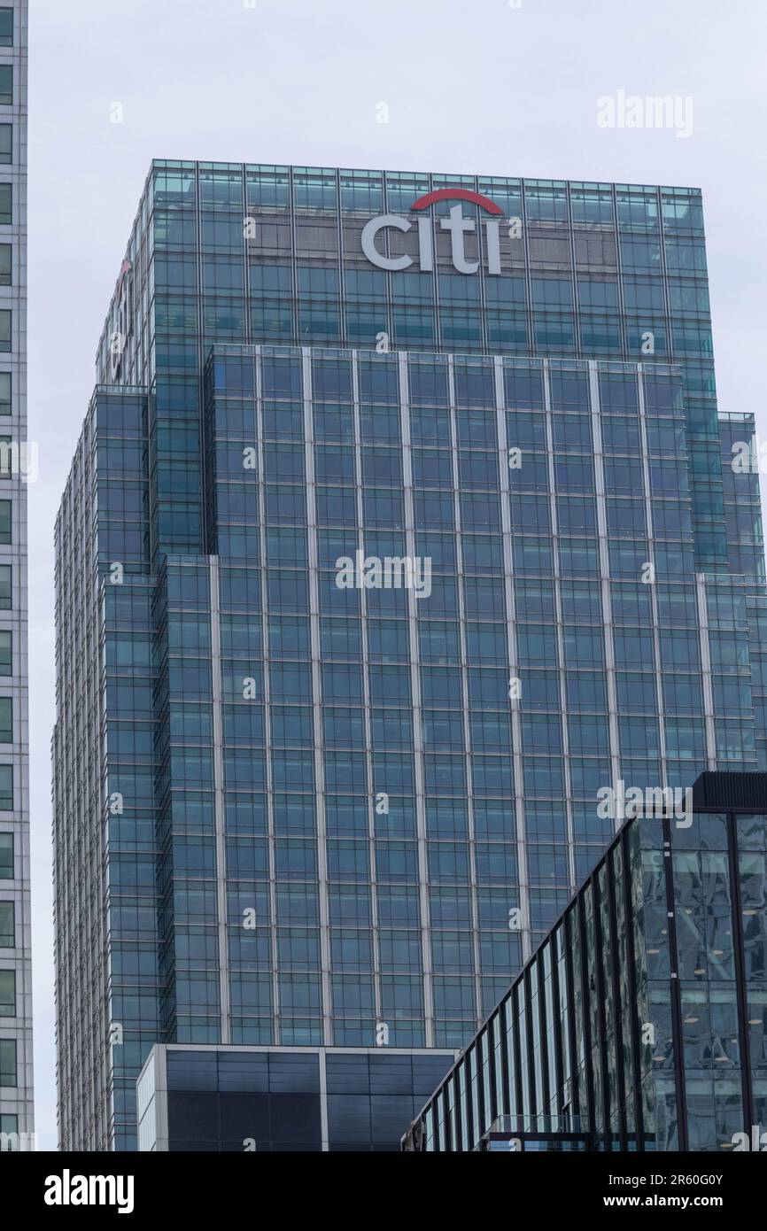 Londres, Royaume-Uni, 28 mai 20203:- Une vue sur le bâtiment de la banque CITI à Canary Wharf Banque D'Images