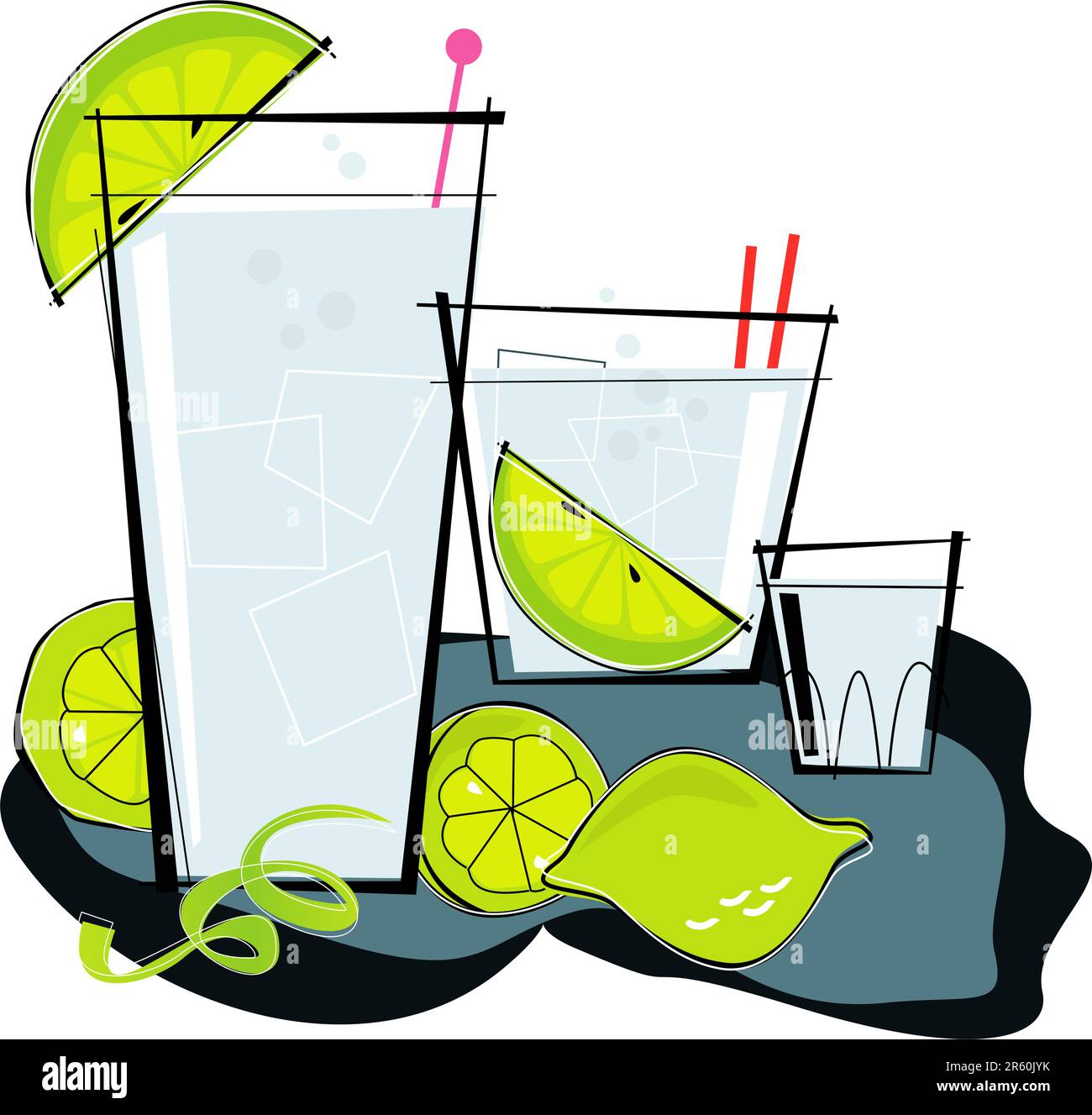 Illustration d'un lieu de cocktail rétro-stylisé : vodka ou Gin & Tonic avec une touche de citron vert Illustration de Vecteur