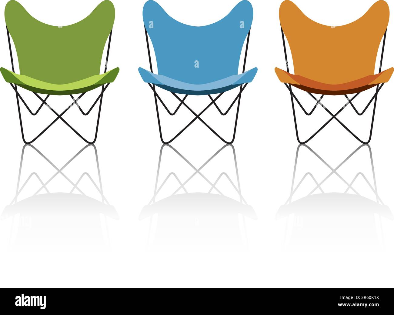 Trio de chaises papillon vintage/rétro avec réflexion ; fichier facile à modifier pour changer les couleurs de chaise en toute simplicité. Illustration de Vecteur