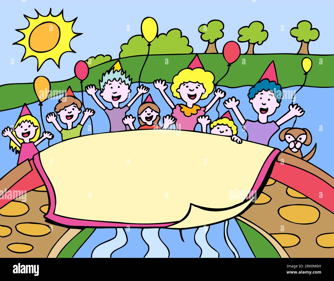 Les enfants célèbrent une fête d'anniversaire dans le parc avec des ballons, des chapeaux et une bannière au-dessus d'un pont. Illustration de Vecteur