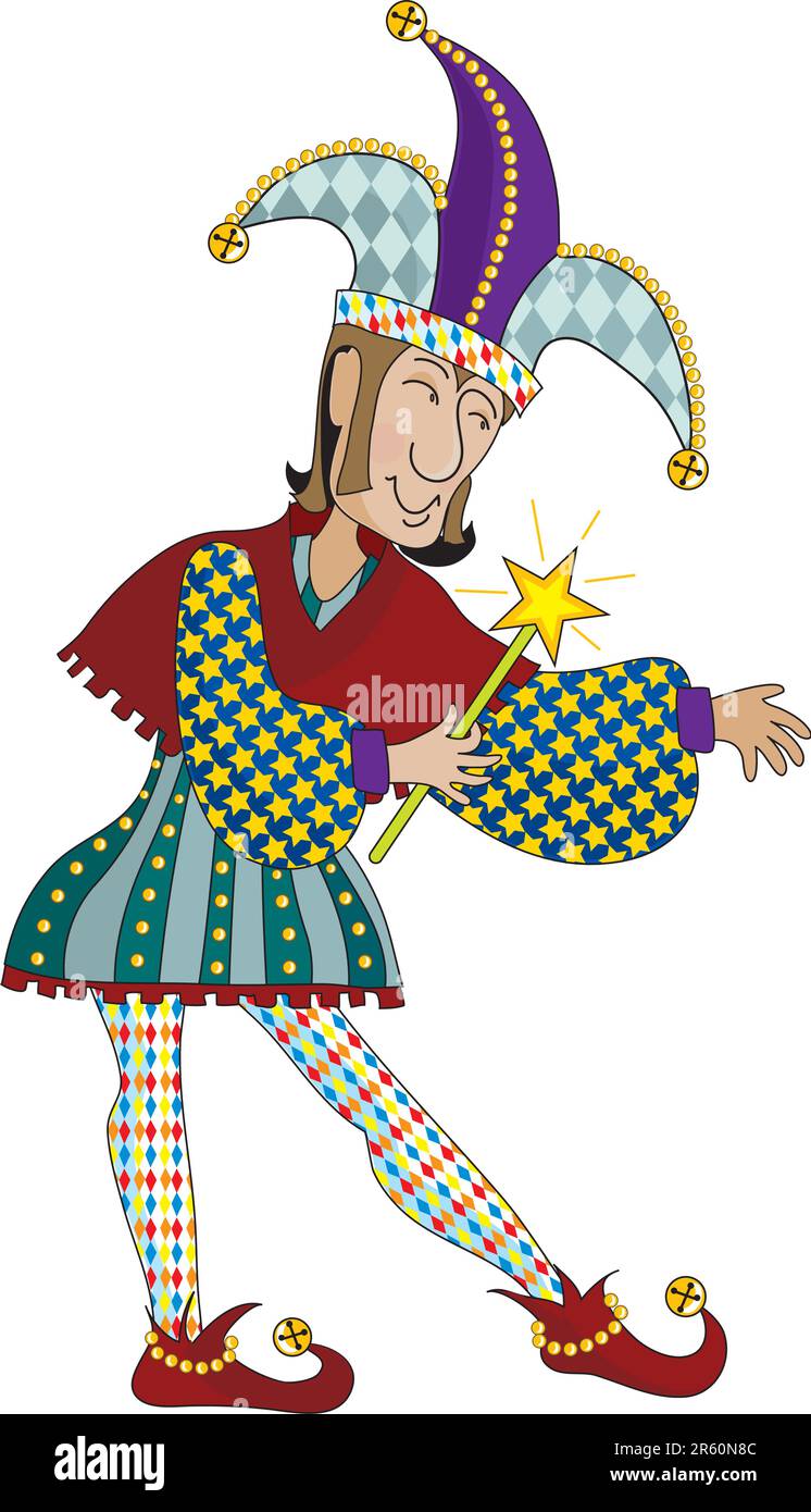 Un jester de renaissance tenant une baguette et pointant vers quelque chose sur sa gauche Illustration de Vecteur