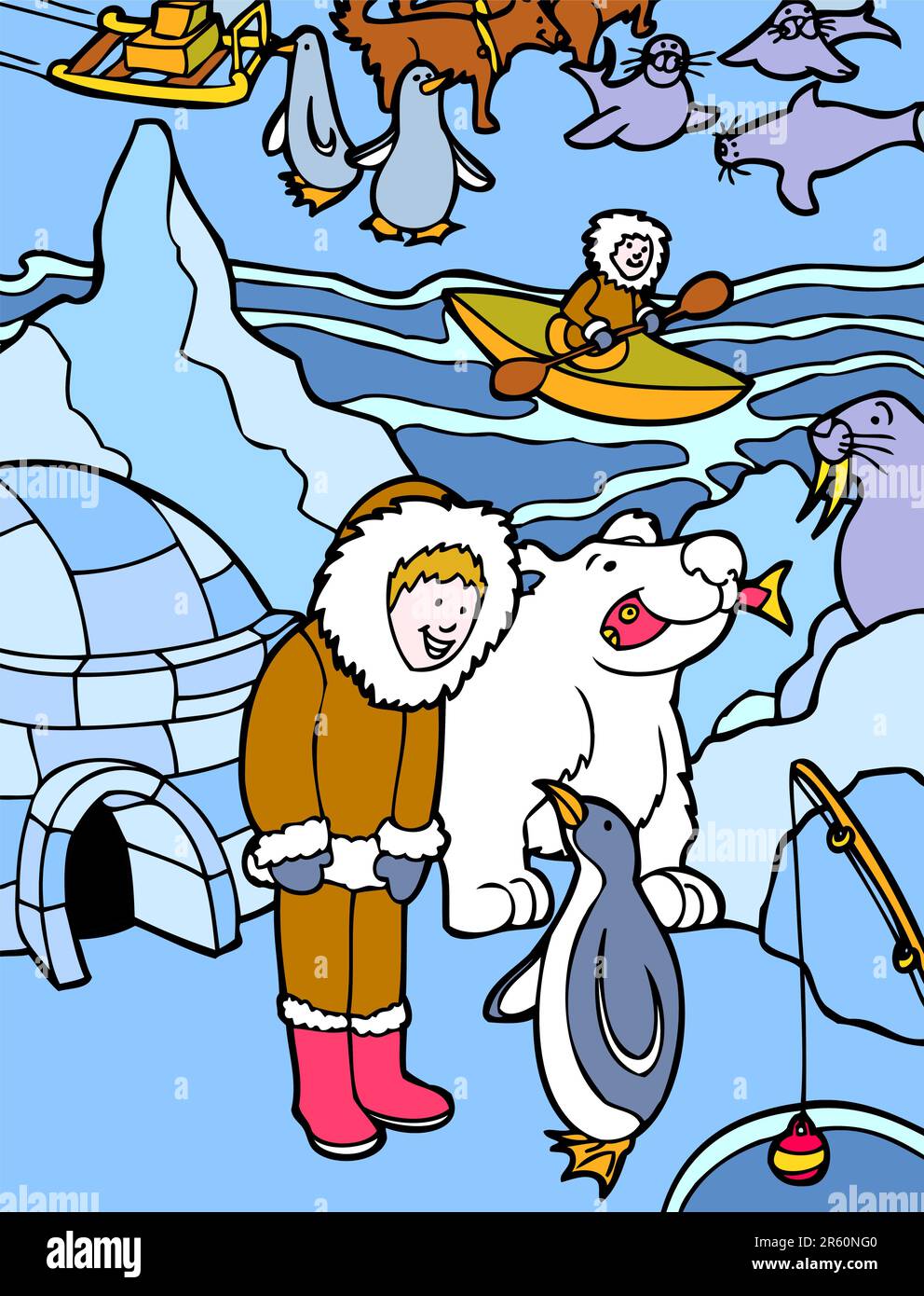 L'enfant vit près d'un igloo et de poissons dans le froid arctique avec l'ours polaire, le lion de mer, les pingouins et les chiens de traîneau. Illustration de Vecteur L'enfant vit près d'un igloo et de poissons dans le froid arctique avec l'ours polaire, le lion de mer, les pingouins et les chiens de traîneau. Illustration de Vecteur