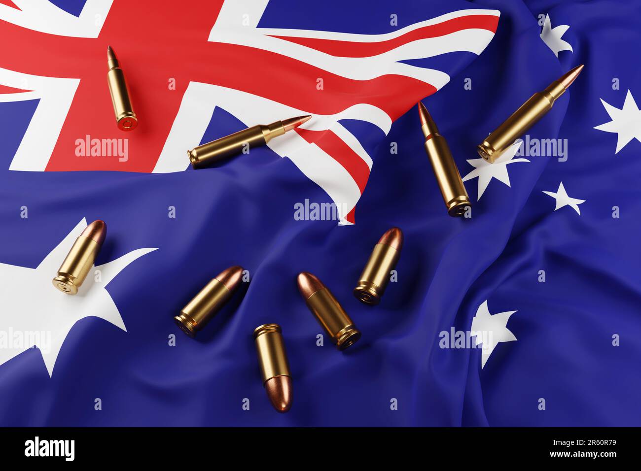 Balles dorées de 9mm et 7,62 x 51 mm dispersées sur le drapeau national de l'Australie. Illustration du concept de la politique australienne de contrôle des armes à feu Banque D'Images