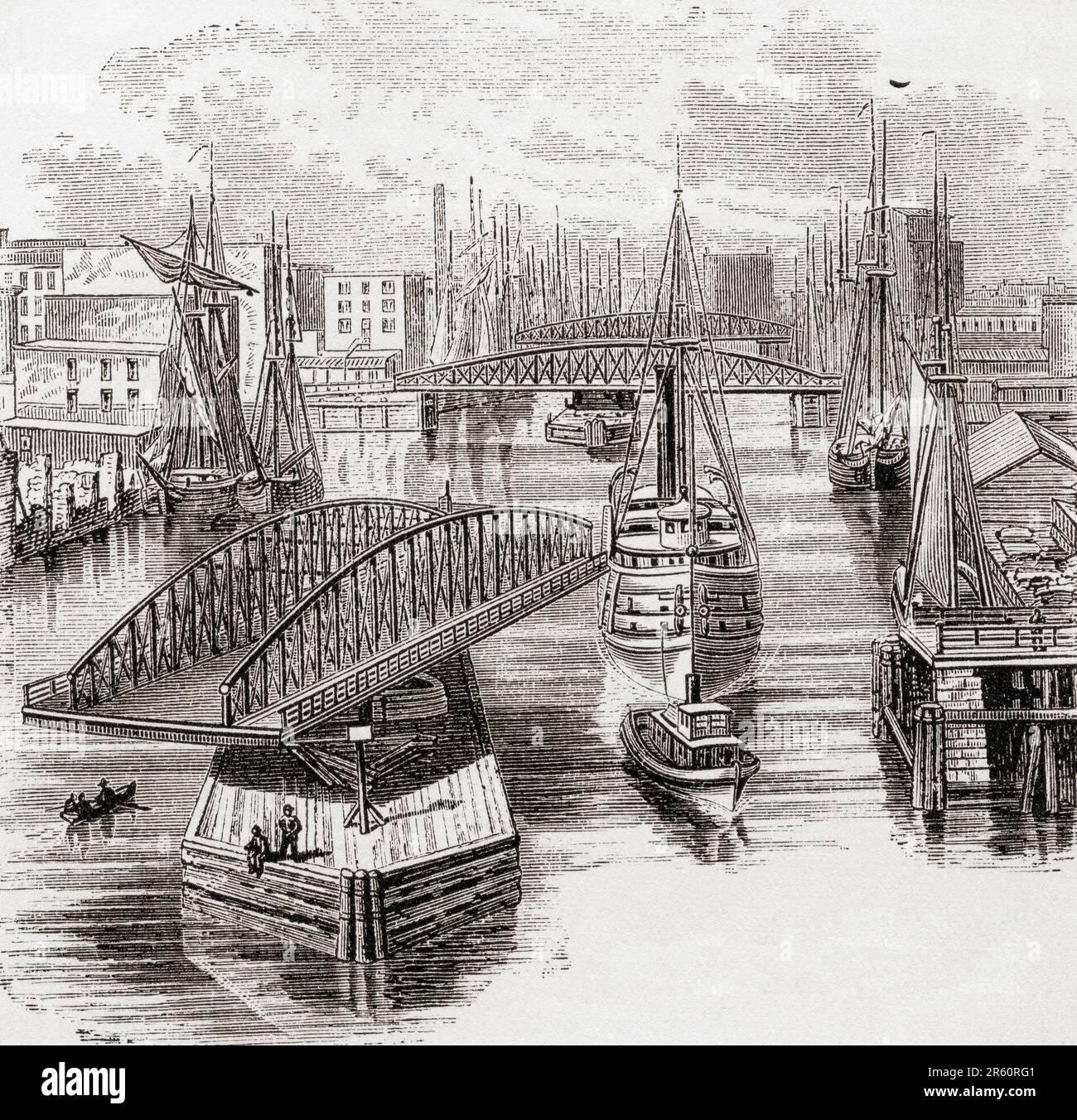 Ponts qui se balancent au-dessus de la rivière Chicago, aux États-Unis, vus ici au 19th siècle. De l'Amérique revisité: De la baie de New York au golfe du Mexique, publié en 1886. Banque D'Images