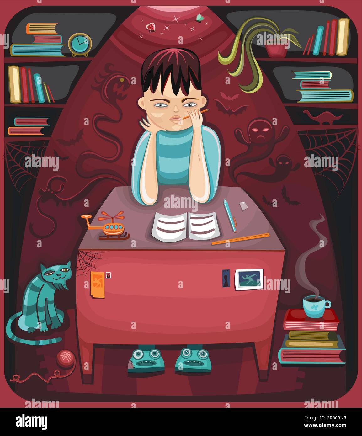 Illustration vectorielle d'un garçon drôle, assis dans sa chambre, qui écrit des histoires horribles sur les monstres créepy de Hallooween. Illustration de Vecteur