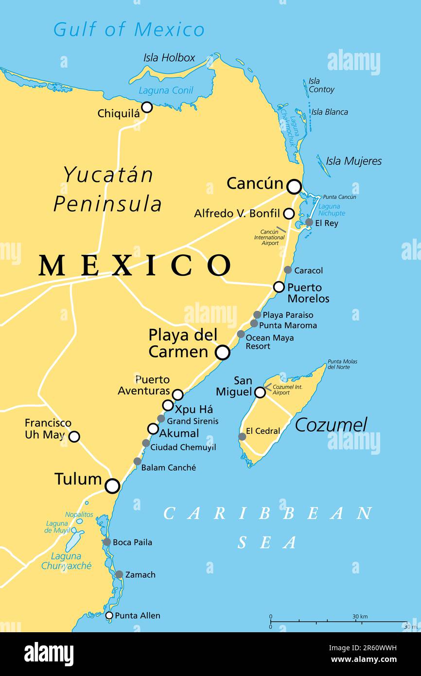 Cancun, Cozumel et Riviera Maya, Mexique, carte politique. Cancun, ville sur la côte de la péninsule du Yucatan, au nord de Riviera Maya, une station balnéaire des Caraïbes. Banque D'Images