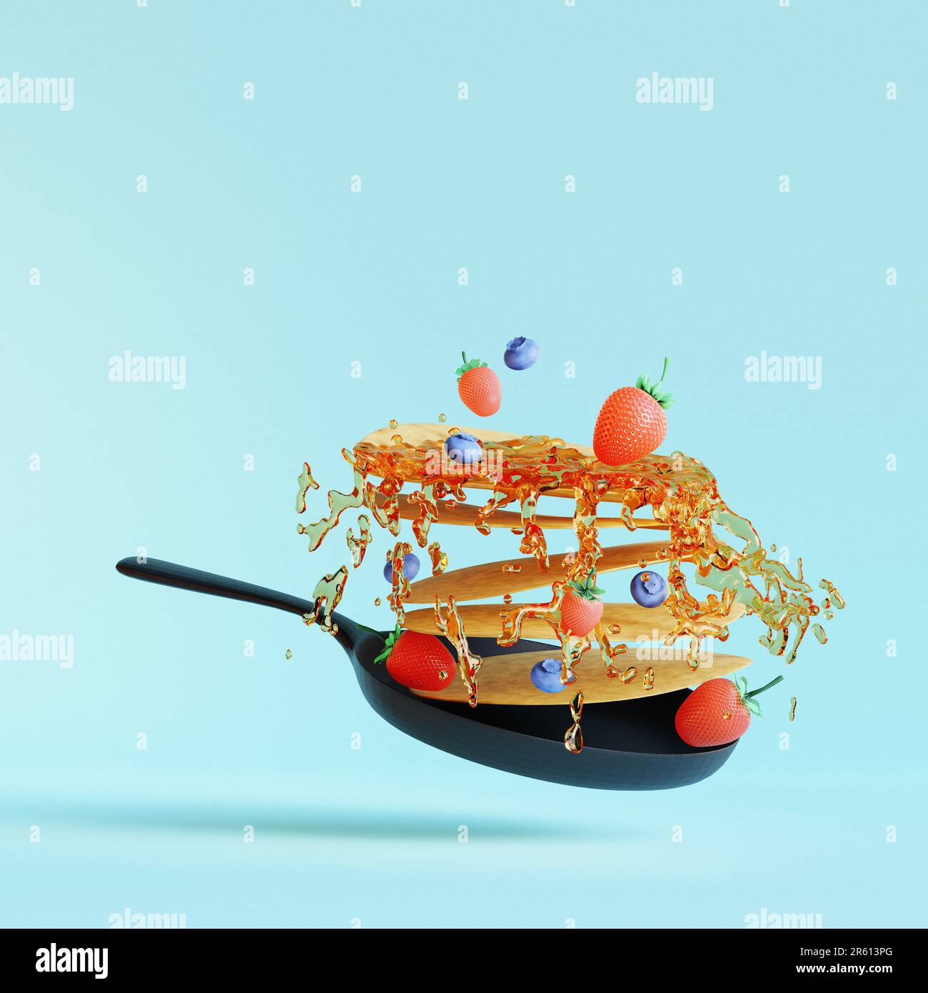 Une cuisine réaliste. Crêpes volantes avec miel et baies sur la poêle. 3D rendu Banque D'Images