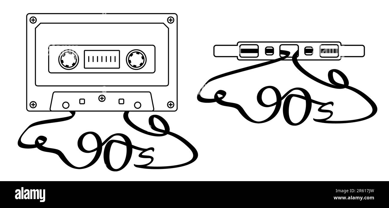 Vieille cassette de disque audio en plastique de dessin animé. Symbole ou icône de cassette de dessin. Cassette de musique rétro, style 1970s, 1980s. Pour copie gratuite. Musique a Banque D'Images