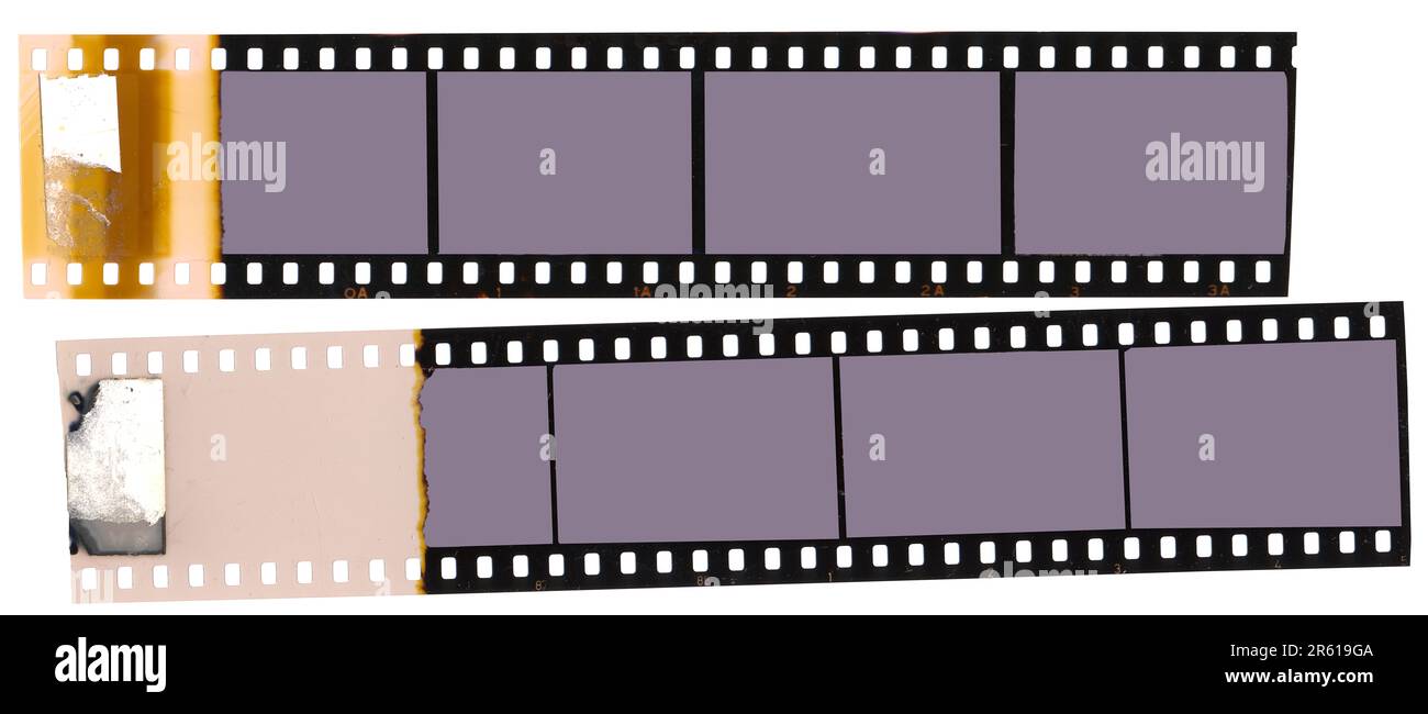 Vintage à l'ancienne, film 35mm bandes avec des cadres vides pour les images, isolé sur fond blanc Banque D'Images