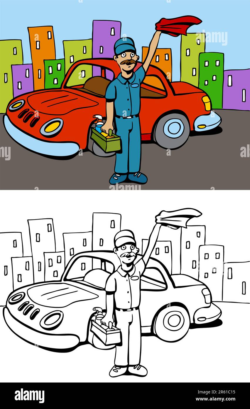 Cartoon image d'un homme de service qui vient de laver une voiture - couleur et noir / blanc versions. Illustration de Vecteur