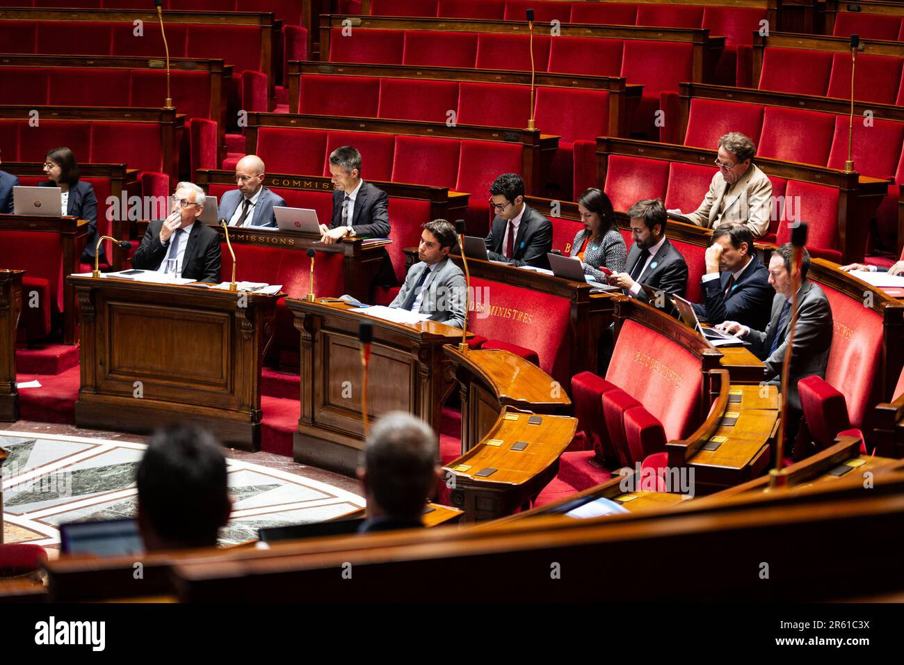 Paris, France. 5th juin 2023. Gabriel Attal (ministre des comptes publics) vu lors de la session de l'Assemblée nationale. L'Assemblée nationale a ensuite rejeté le projet de règlement budgétaire et l'approbation des comptes pour les années 2021 et 2022 au Palais Bourbon. (Credit image: © Telmo Pinto/SOPA Images via ZUMA Press Wire) USAGE ÉDITORIAL SEULEMENT! Non destiné À un usage commercial ! Banque D'Images