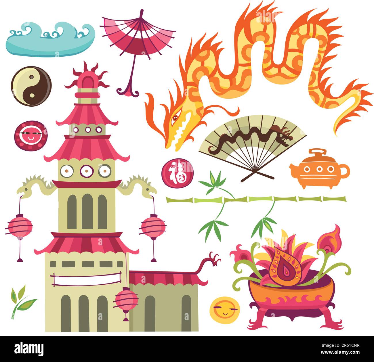 Ensemble d'éléments orientaux : dragon, pagode, théière, parapluie, bambou vert, symbole yin yang, nuage, visage de soleil, ventilateur femelle, vase avec fleurs exotiques. Illustration de Vecteur