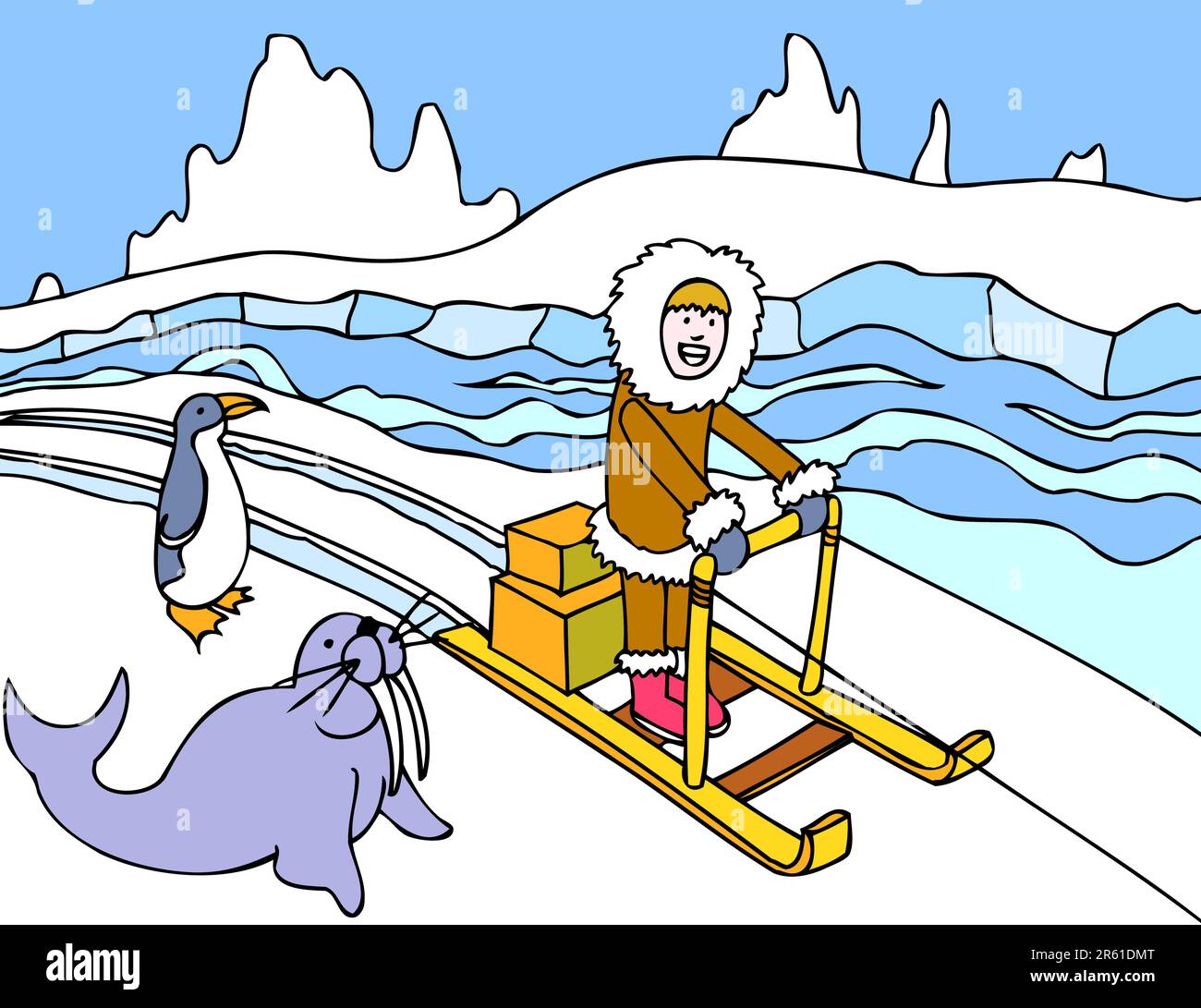 L'homme fait un traîneau à travers la toundra arctique. Le morse et le  pingouin sont à proximité Image Vectorielle Stock - Alamy
