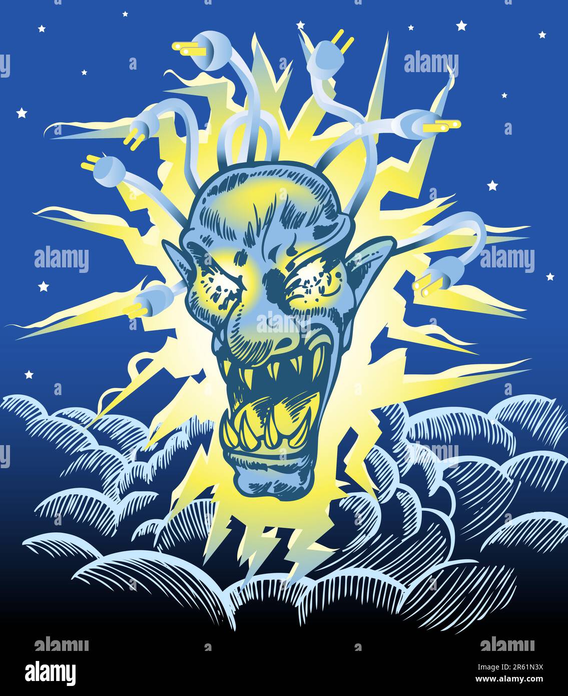 Un monstre avec des cordons d'alimentation autour de sa tête comme des tentacules. Une métaphore pour les coups de foudre et les surtensions qui peuvent détruire l'equ... Illustration de Vecteur