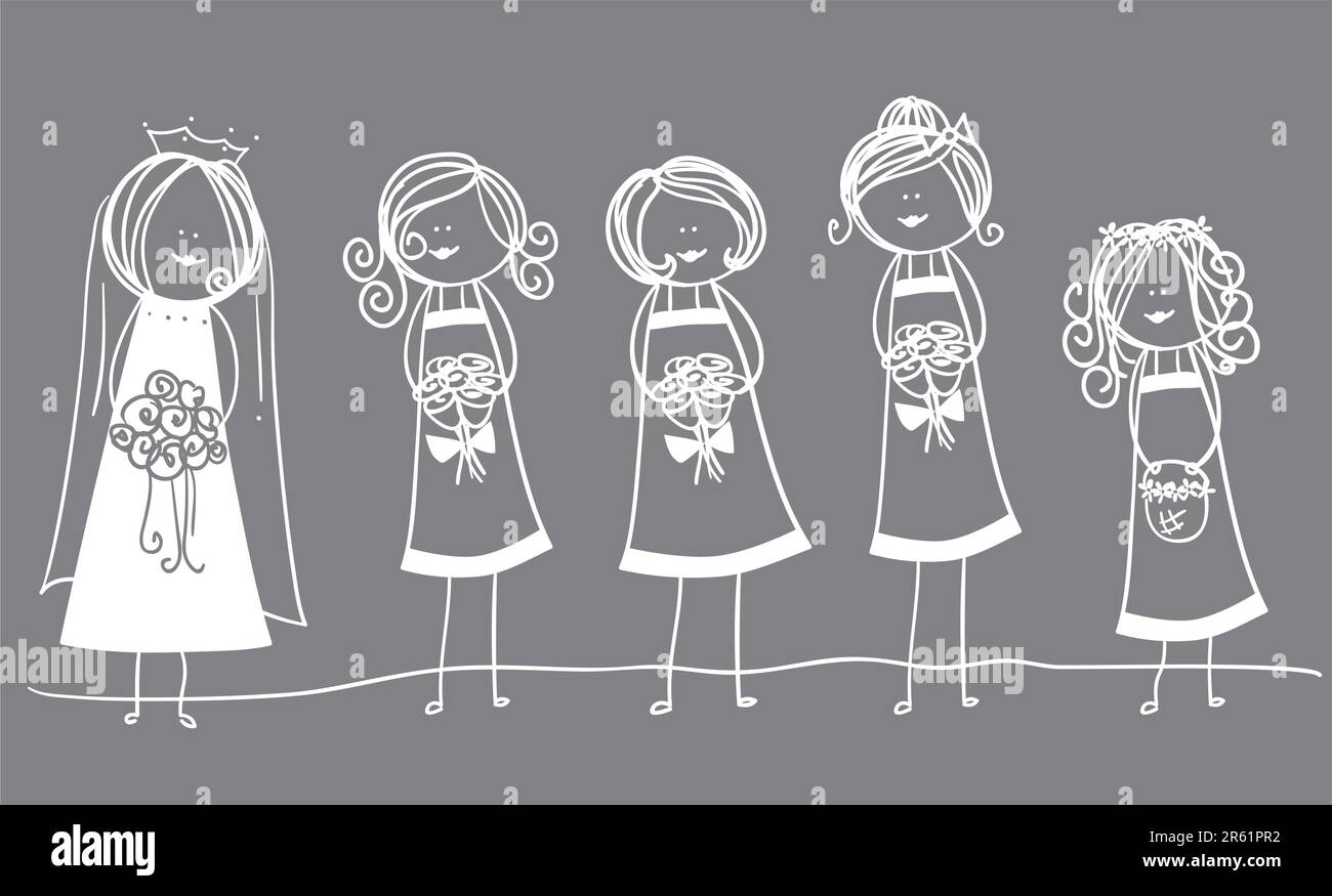 Mariée, demoiselle d'honneur et fille de fleur alignés Illustration de Vecteur