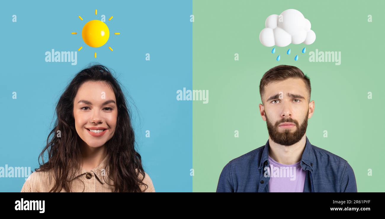 Homme et femme d'humeur différente posant sur des arrière-plans colorés Banque D'Images