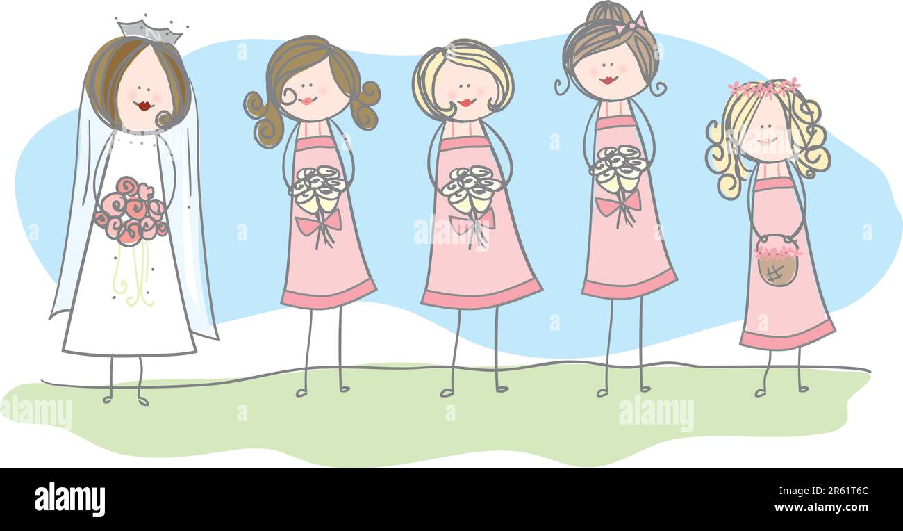 Mariée, demoiselle d'honneur et fille de fleur alignés Illustration de Vecteur