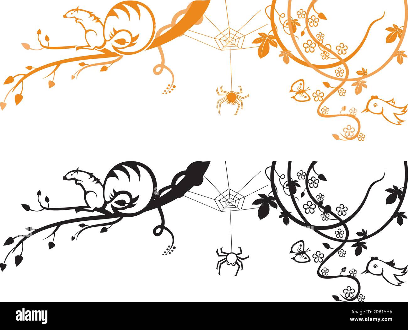 Un arrière-plan illustré avec un motif floral abstrait d'une araignée, d'écureuil et d'oiseaux sur un arbre. Illustration de Vecteur