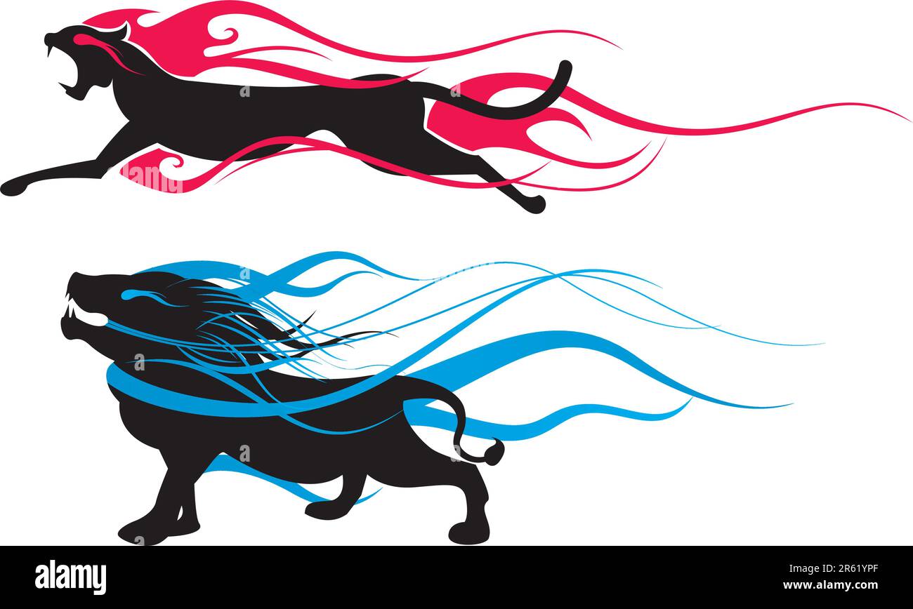 Deux versions, silhouette d'animal avec flammes. Illustration de Vecteur