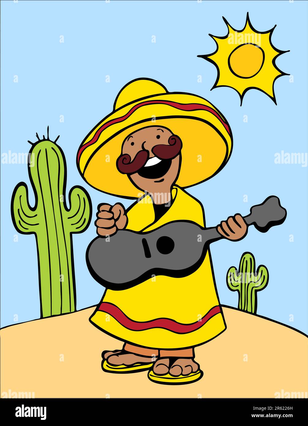 Un homme jouant de la guitare dans le désert. Illustration de Vecteur