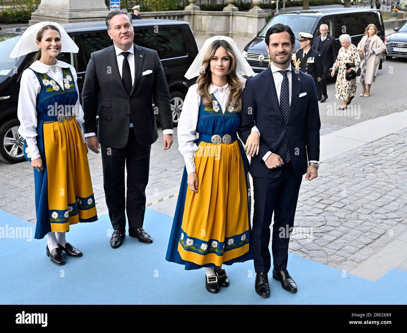 La princesse Madeleine et Christopher O'Neill, le prince Carl Philip et la princesse Sofia arrivent à la réception de la Journée nationale au Musée nordique de Stockholm Banque D'Images