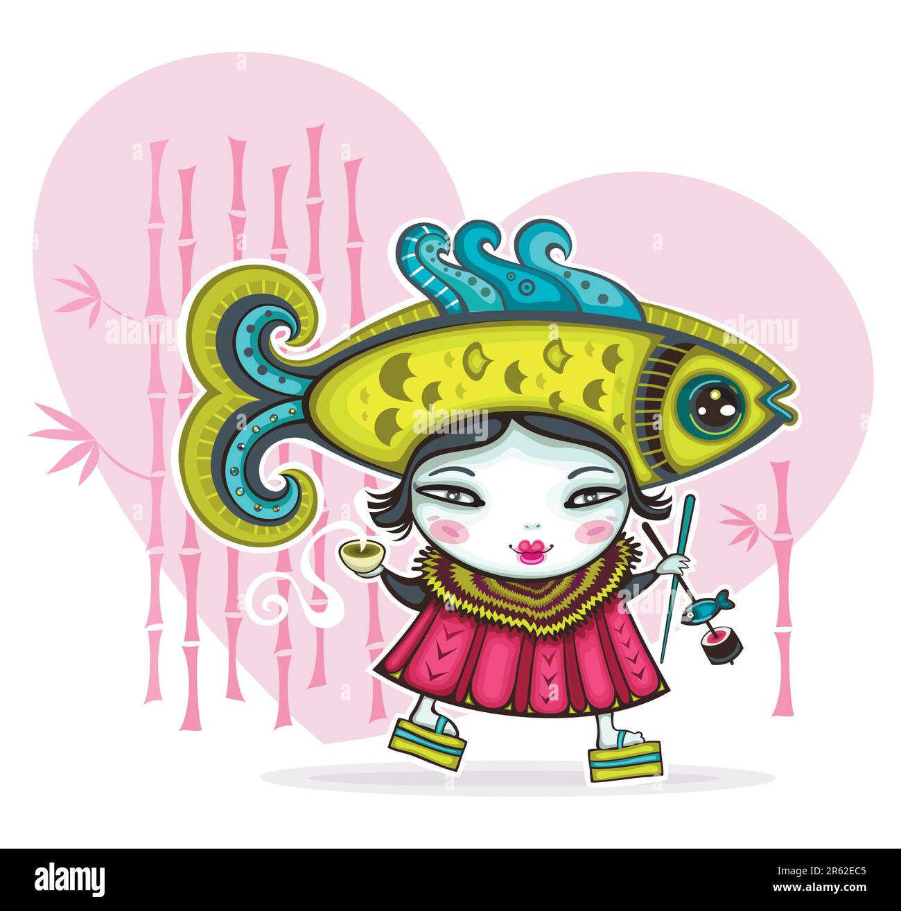 Carte de Saint-Valentin avec jolie fille japonaise. Avec espace pour votre texte. Illustration de Vecteur