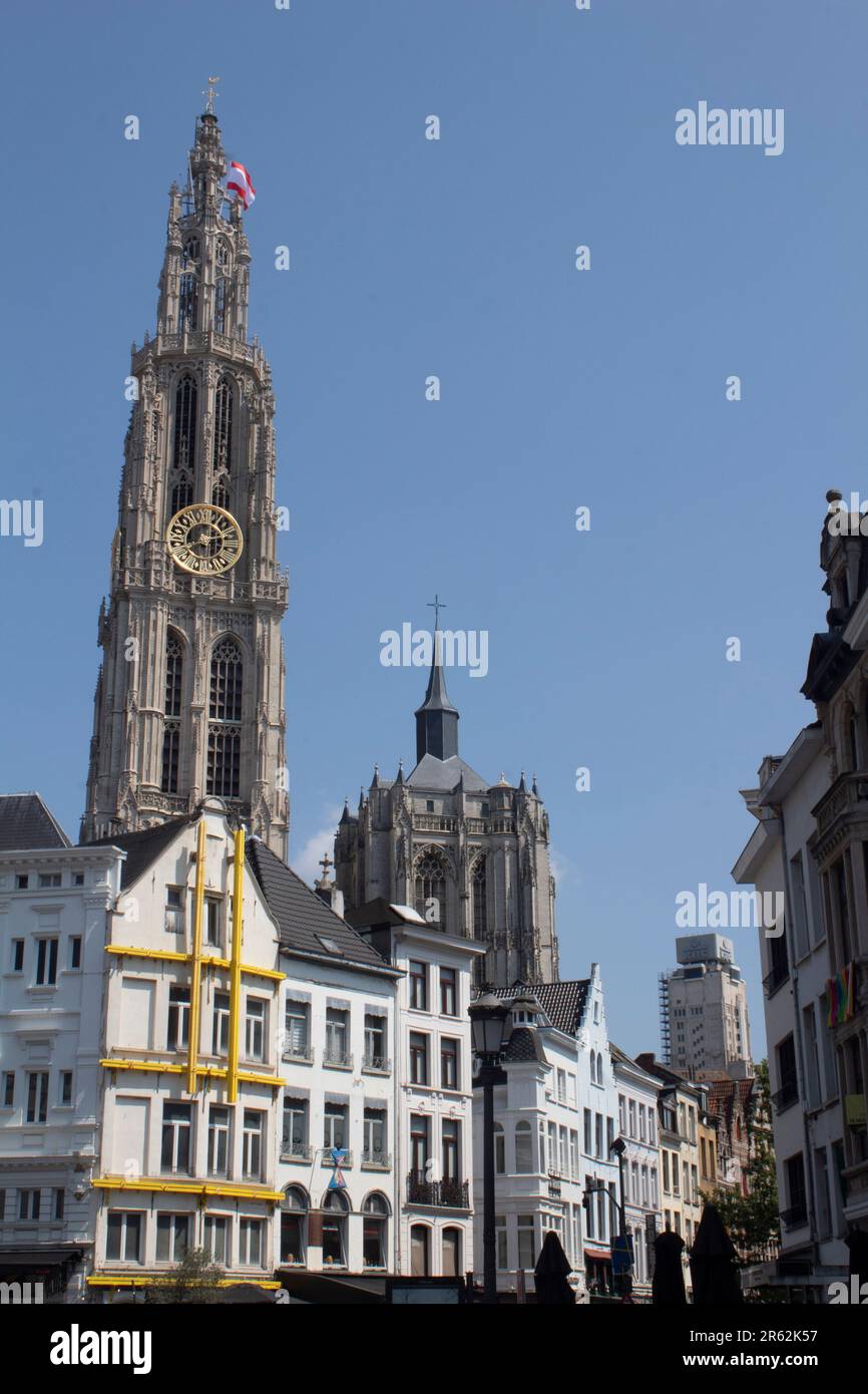 La flèche de la cathédrale notre-Dame s'élève au-dessus de bâtiments historiques Anvers, Belgique Banque D'Images