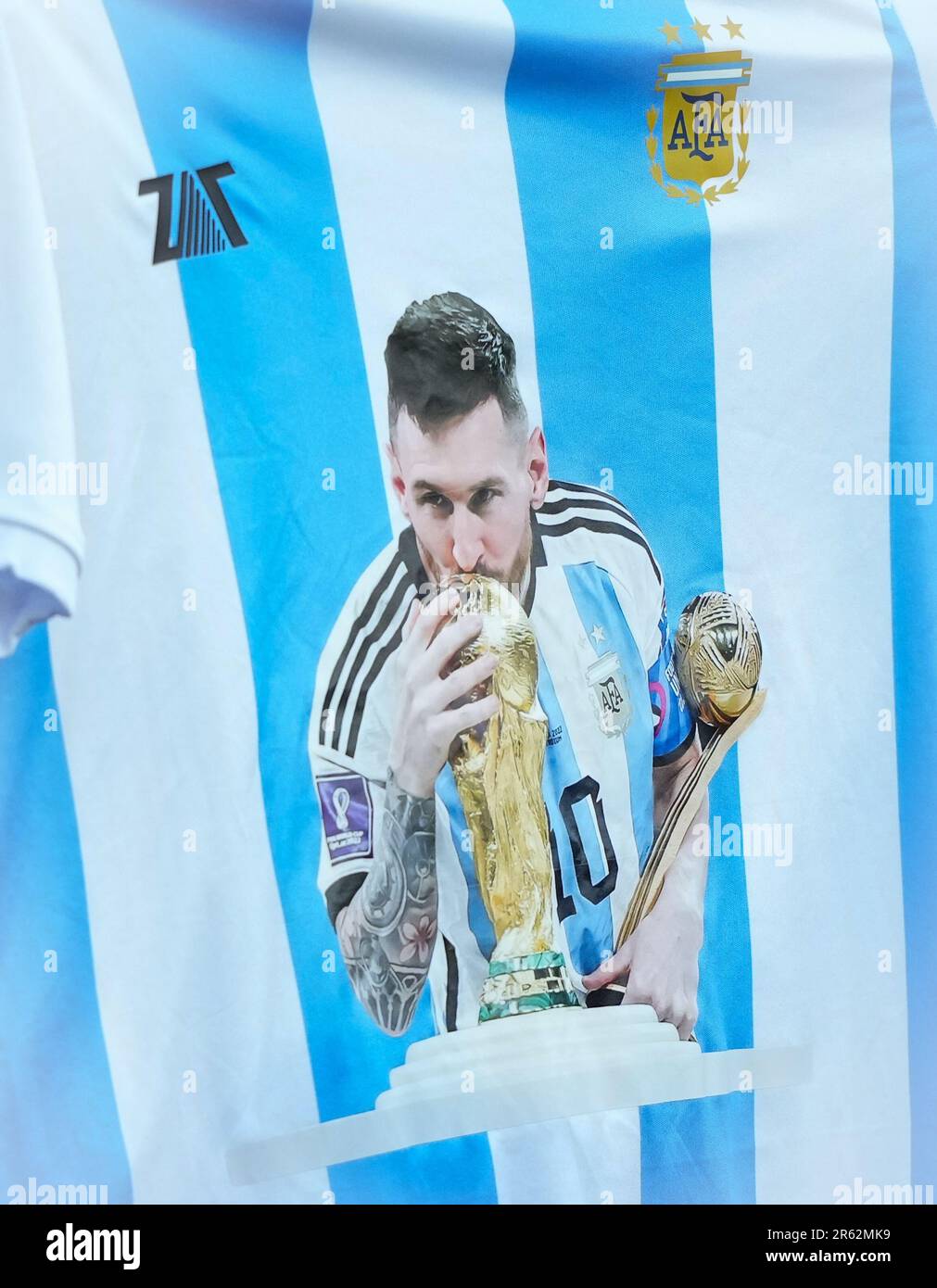 Un supporters affiche un match préliminaire de la coupe du monde Argentina Lionel Messi lors du match de la Ligue 1 entre Paris Saint Germain et Clermont foot au pair Banque D'Images