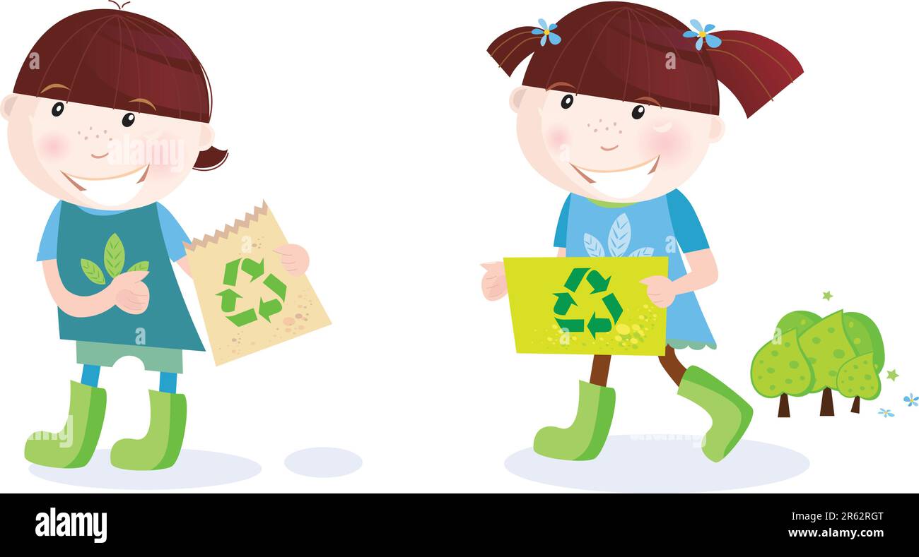 Recyclez et sauvegardez les arbres ! Illustration vectorielle d'une fille et d'un garçon d'école avec des panneaux de recyclage. Illustration de Vecteur