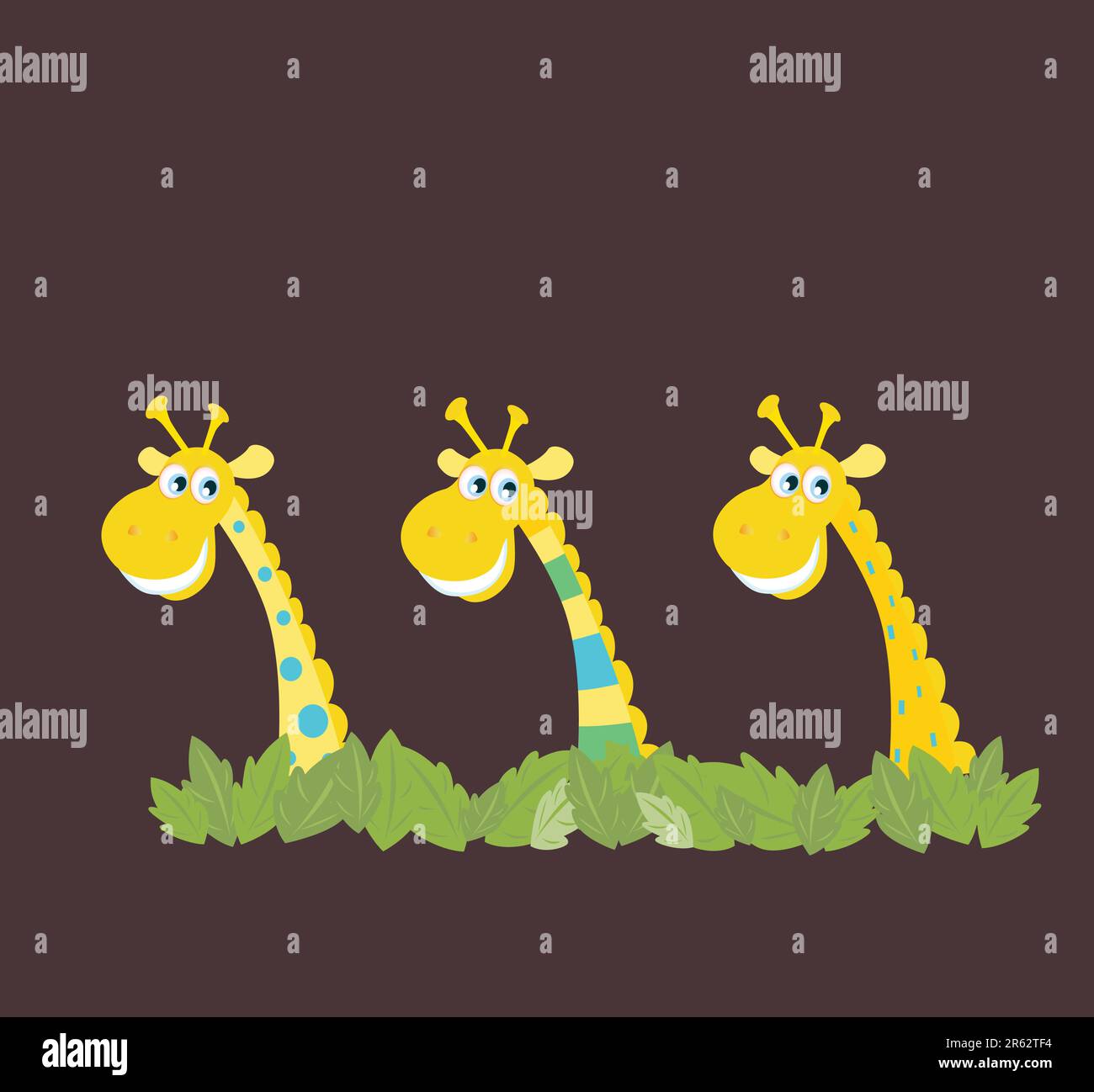 Girafes safari jaunes derrière les feuilles de jungle. Illustration vectorielle de dessins animés d'animaux drôles dans un style rétro. Illustration de Vecteur