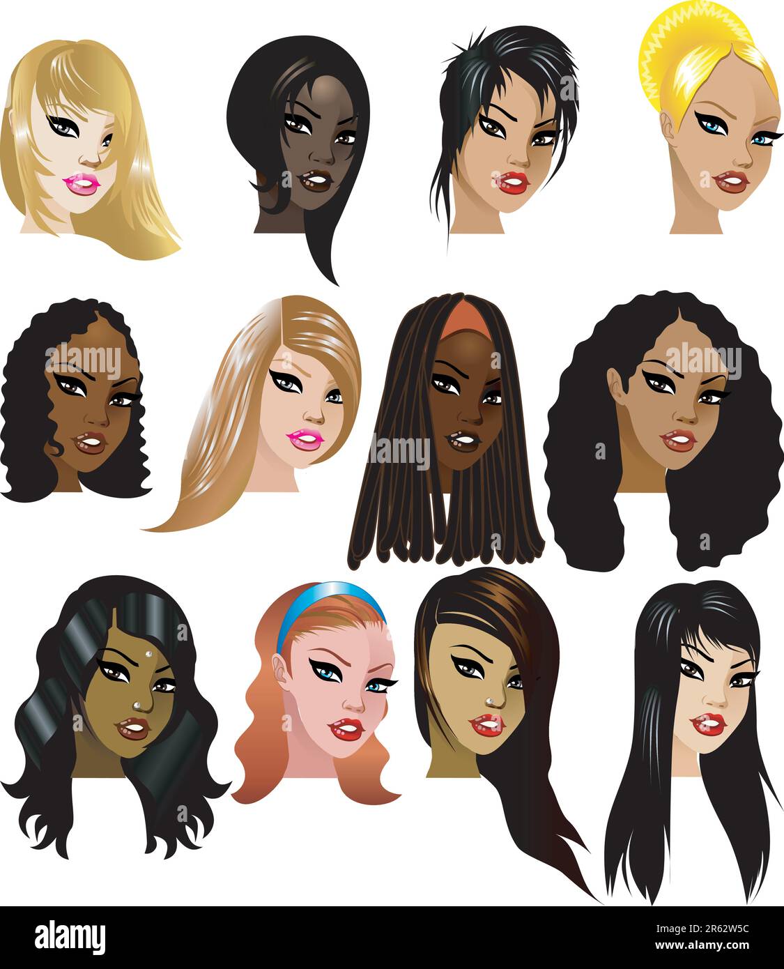 Vector Illustration de 12 visages de femmes 3. Grand pour les avatars, maquillage, couleurs de peau ou de cheveux de femmes. Illustration de Vecteur