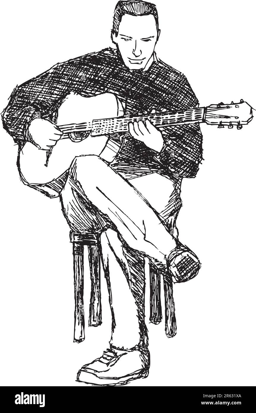 Croquis approximatif d'un jeune artiste de guitare acoustique Illustration de Vecteur