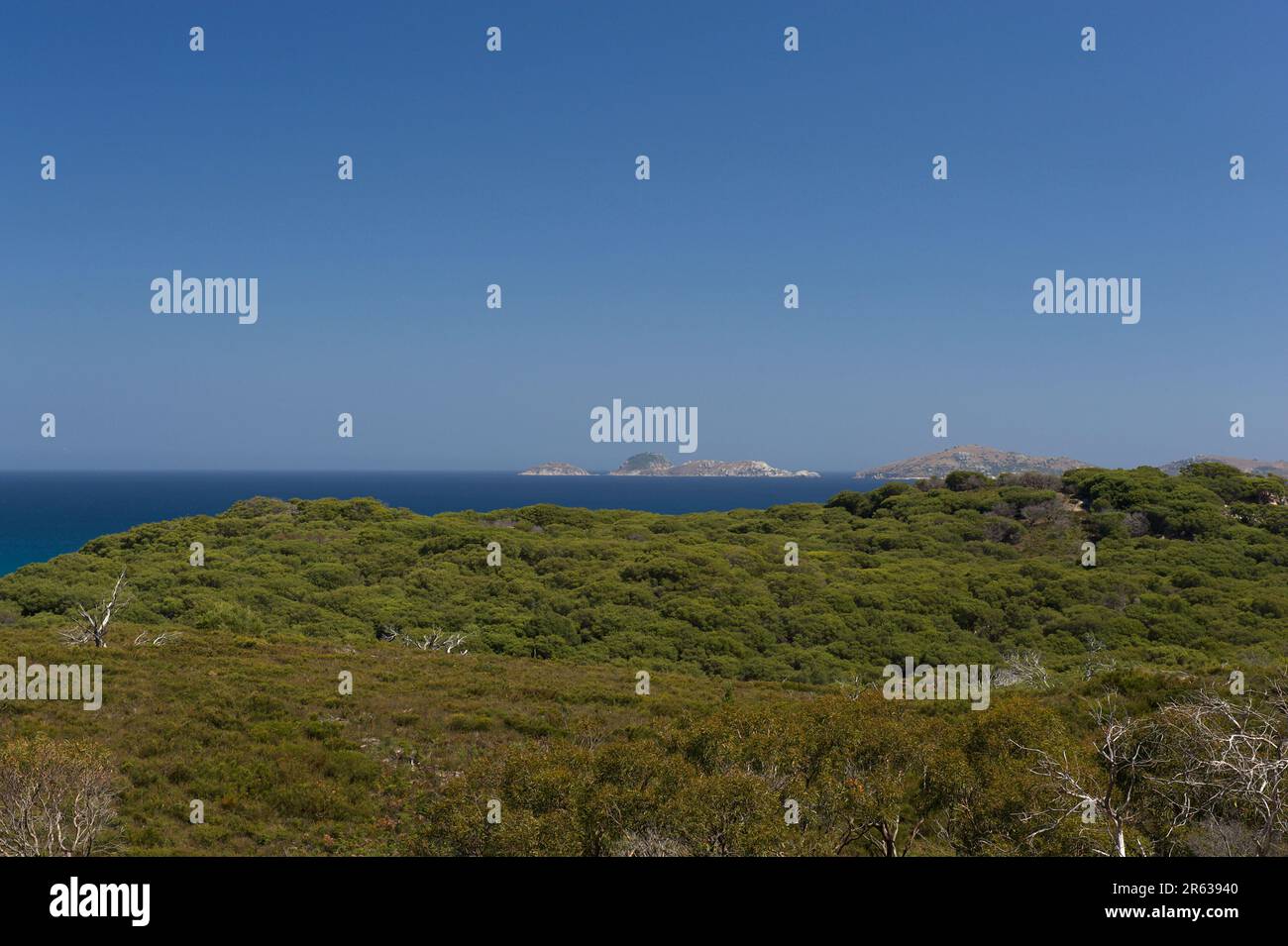 L'été en Australie est habituellement chaud et ensoleillé, avec beaucoup de brume de chaleur. Les vues sur le détroit de Bass sont difficiles à voir - sans filtre polarisant. Banque D'Images