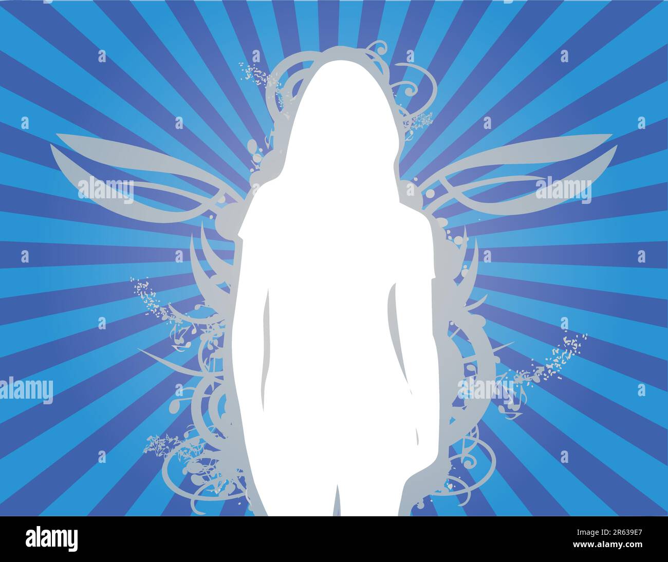 silhouette de fille devant des tourbillons floraux, des notes musicales et un dégradé de soleil Illustration de Vecteur