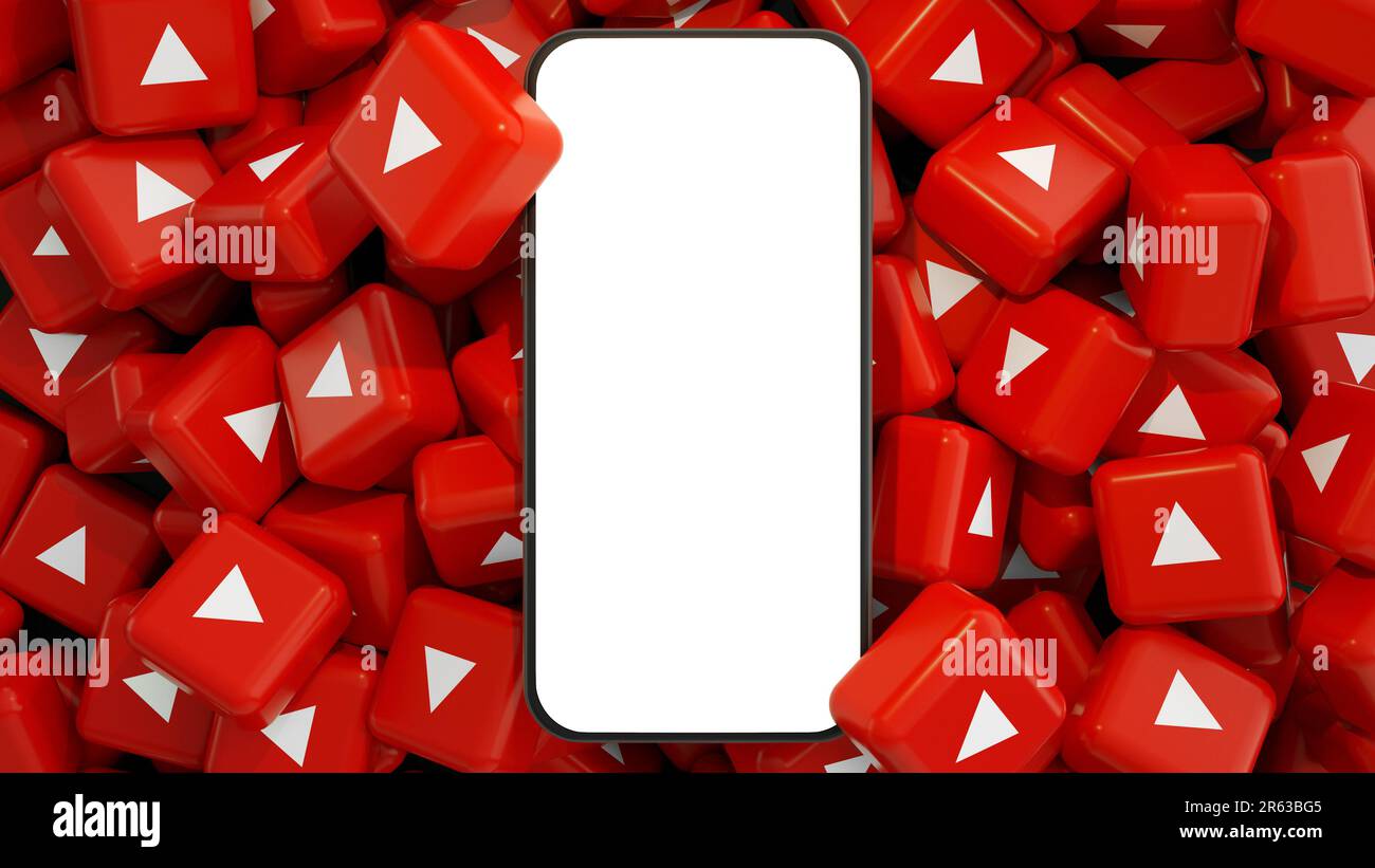 3D rendu de téléphone mobile avec écran vierge sur le dessus de la pile de logos YouTube. Banque D'Images